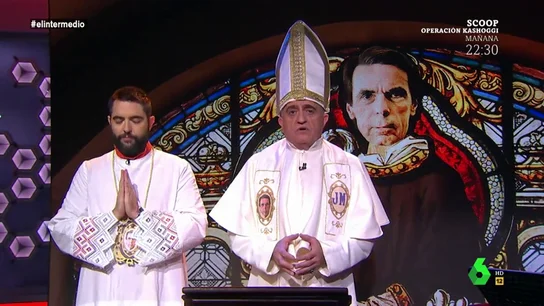 El papa de la iglesia aznariana y su monaguillo, Dani Mateo, rezan en El Intermedio para que su dios Aznar les ayude a resolver "el conflicto secesionista". El papa de la iglesia aznariana y su monaguillo, Dani Mateo, rezan en El Intermedio para que su dios Aznar les ayude a resolver "el conflicto secesionista".