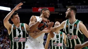 Tavares lucha por el balón ante los jugadores de Panathinaikos