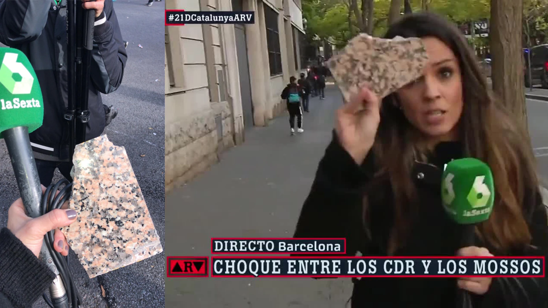 Ana Cuesta muestra una de las piedras lanzadas en Barcelona