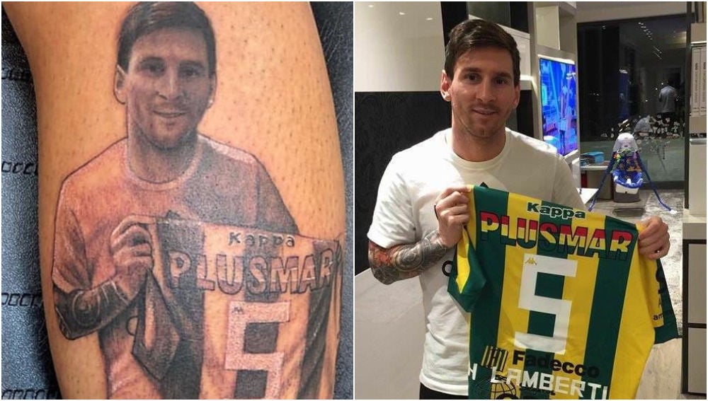 El tatuaje de Lamberti con la foto de Messi posando con su camiseta