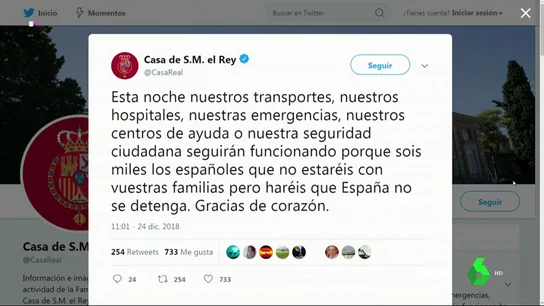 Casa Real agradece "de corazón" a los miles españoles que harán que "España no se detenga" en Nochebuena Casa Real agradece "de corazón" a los miles españoles que harán que "España no se detenga" en Nochebuena