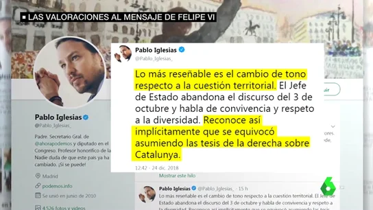 Las reacciones al mensaje de Navidad de Felipe VI: "Abandona el discurso del 3 de octubre y habla de convivencia y respeto" Las reacciones al mensaje de Navidad de Felipe VI: "Abandona el discurso del 3 de octubre y habla de convivencia y respeto"