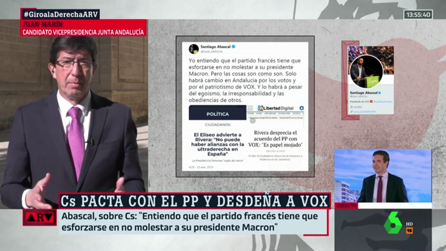 Juan Marín responde a las acusaciones de Abascal: "No sé si él le dará explicaciones a Le Pen, pero yo sólo se las doy a Albert Rivera" Juan Marín responde a las acusaciones de Abascal: "No sé si él le dará explicaciones a Le Pen, pero yo sólo se las doy a Albert Rivera"