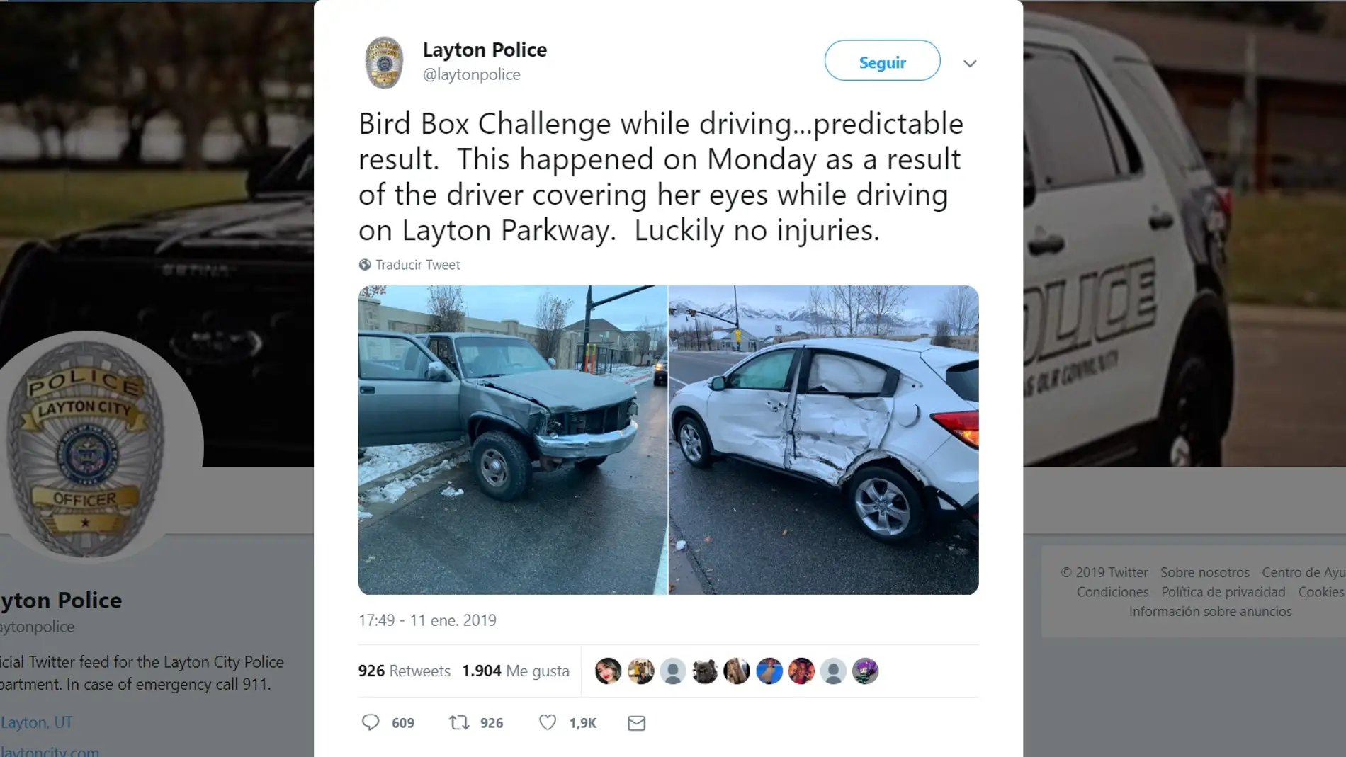 Tuit policía de Layton sobre un accidente por un reto viral