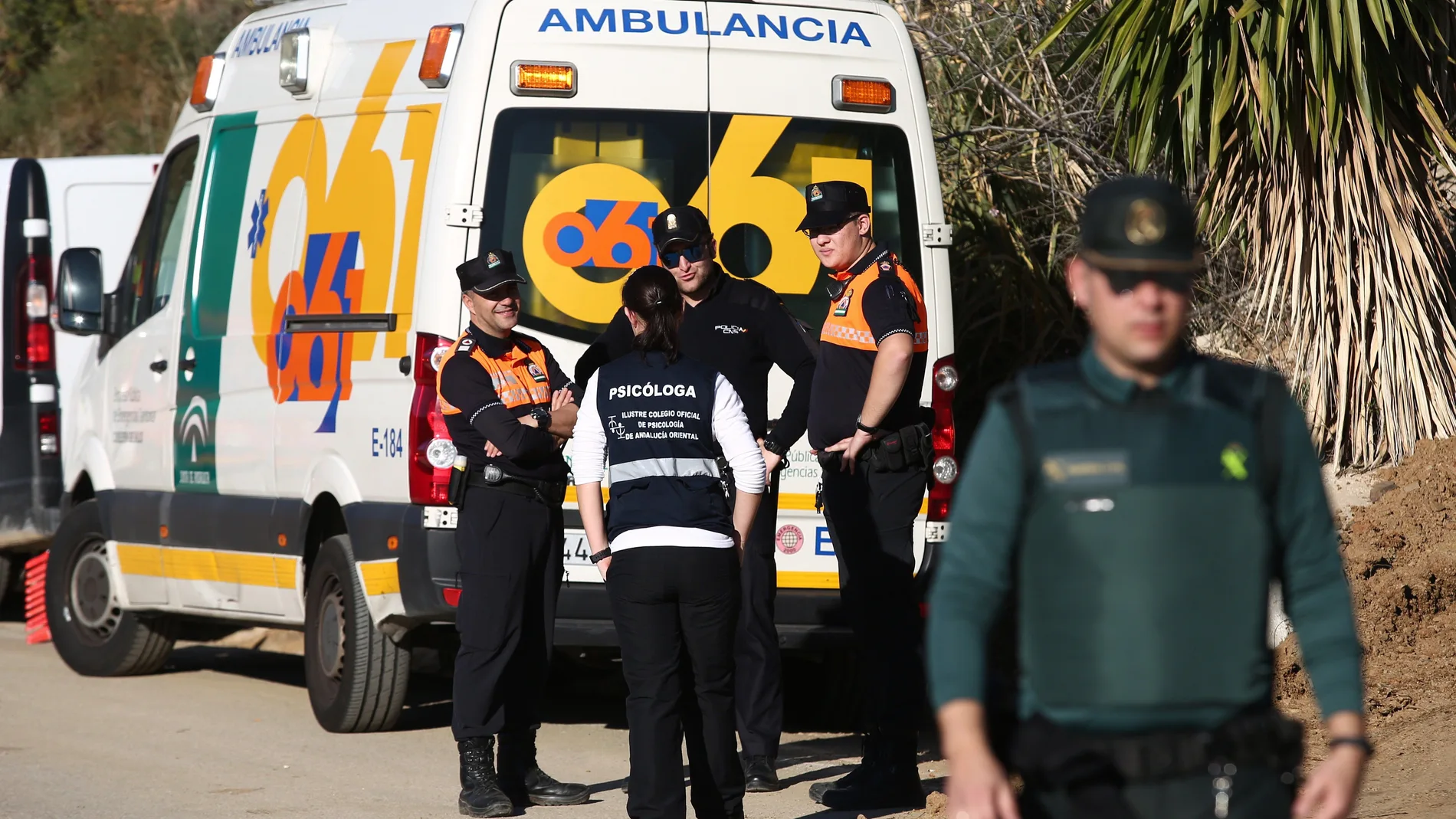 Algunos de los efectivos que colaboran en la búsqueda del niño que cayó en un pozo en Totalán (Málaga).