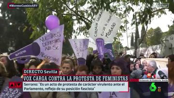 Multitudinaria concentración feminista ante el Parlamento andaluz para protestar contra la investidura de Moreno