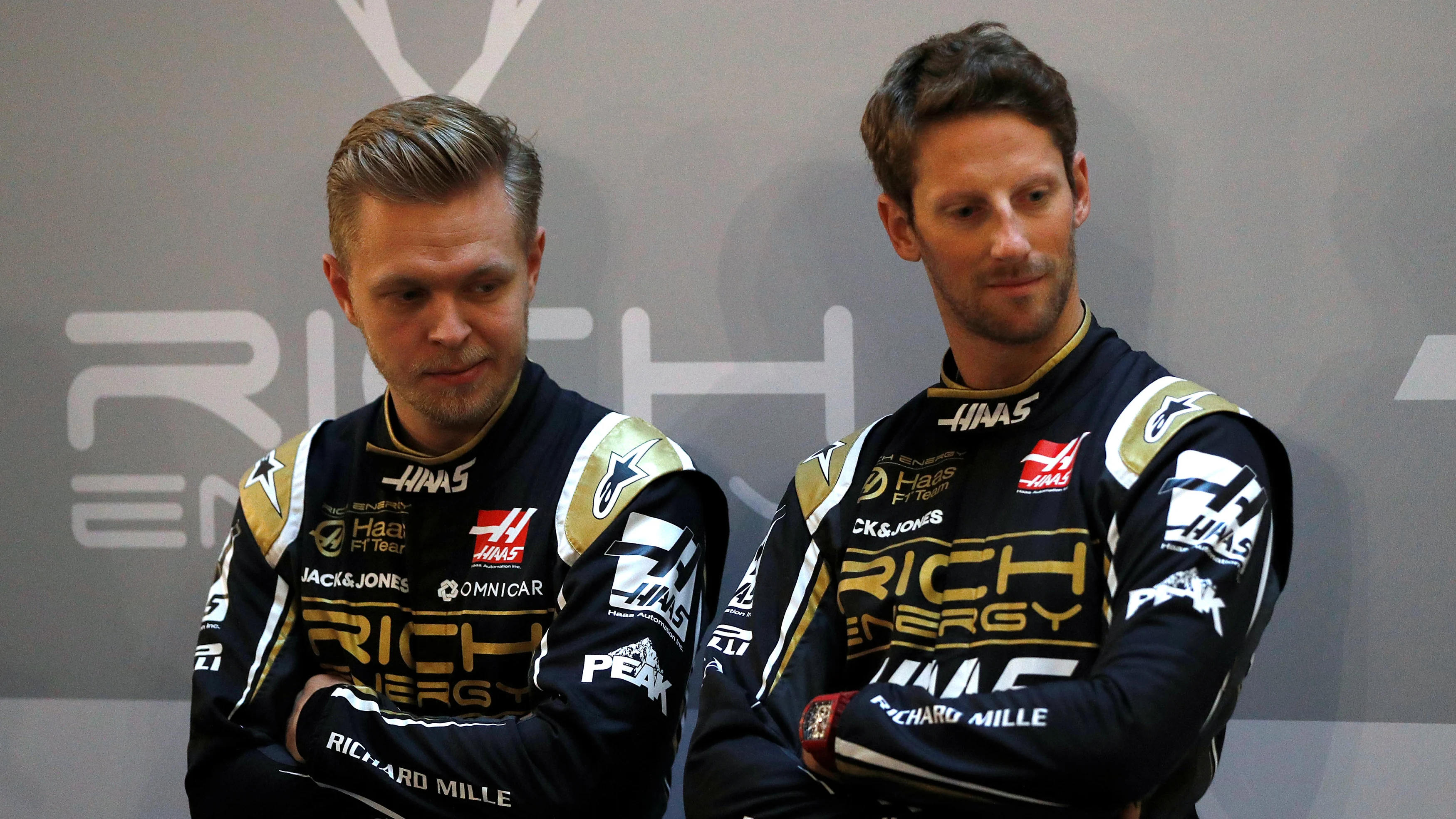 Magnussen y Romain Grosjean, en la presentación del Haas