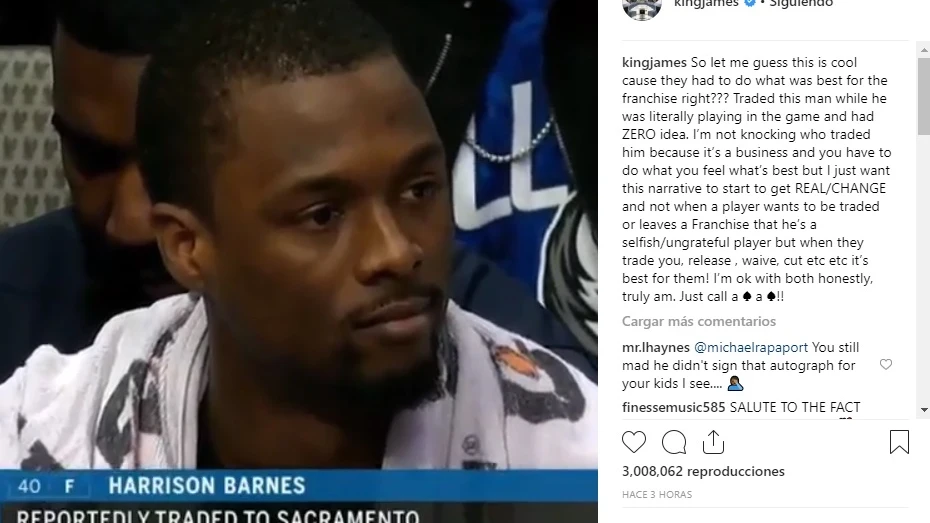 LeBron James critica el traspaso de Harrison Barnes en pleno partido