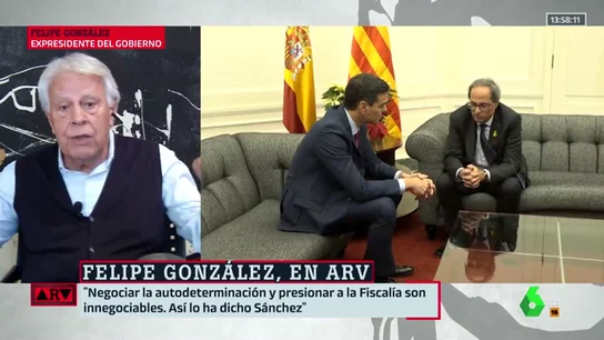 Felipe González sale en defensa de Pedro Sánchez: "Él ha dicho con toda totalidad que no va a negociar la autodeterminación porque ni quiere ni puede" Felipe González sale en defensa de Pedro Sánchez: "Él ha dicho con toda totalidad que no va a negociar la autodeterminación porque ni quiere ni puede"