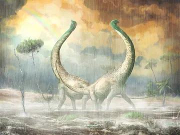 Ilustración del titanousaurio Mnyamawamtuka en su entorno Ilustración del titanousaurio Mnyamawamtuka en su entorno