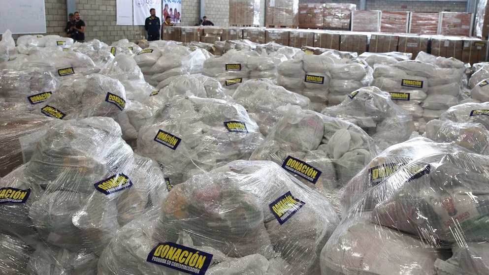 Imagen de la ayuda humanitaria para Venezuela que se amontona en Colombia