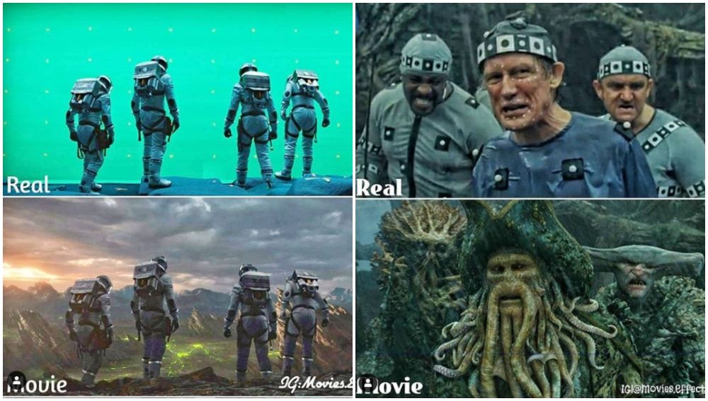 Escenas de películas antes y después de los efectos especiales.