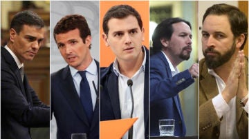 Pedro Sánchez, Pablo Casado, Albert Rivera, Pablo Iglesias y Santiago Abascal