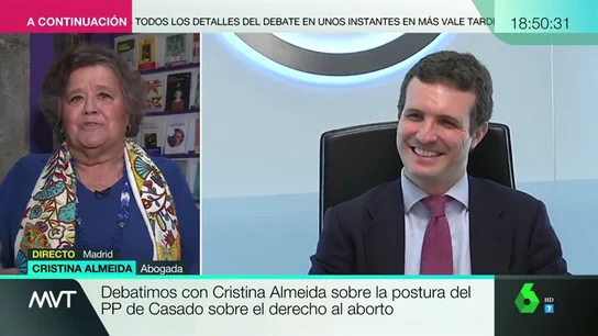 Cristina Almeida responde a Pablo Casado sobre el tema del aborto: "Las mujeres no somos hipócritas, somos responsables para ser y no ser madres" Cristina Almeida responde a Pablo Casado sobre el tema del aborto: "Las mujeres no somos hipócritas, somos responsables para ser y no ser madres"