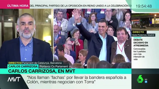 Carlos Carrizosa justifica así el veto al PSOE: "Nos llaman 'fachas' por llevar la bandera española a Colón, mientras negocian con Torra" Carlos Carrizosa justifica así el veto al PSOE: "Nos llaman 'fachas' por llevar la bandera española a Colón, mientras negocian con Torra"