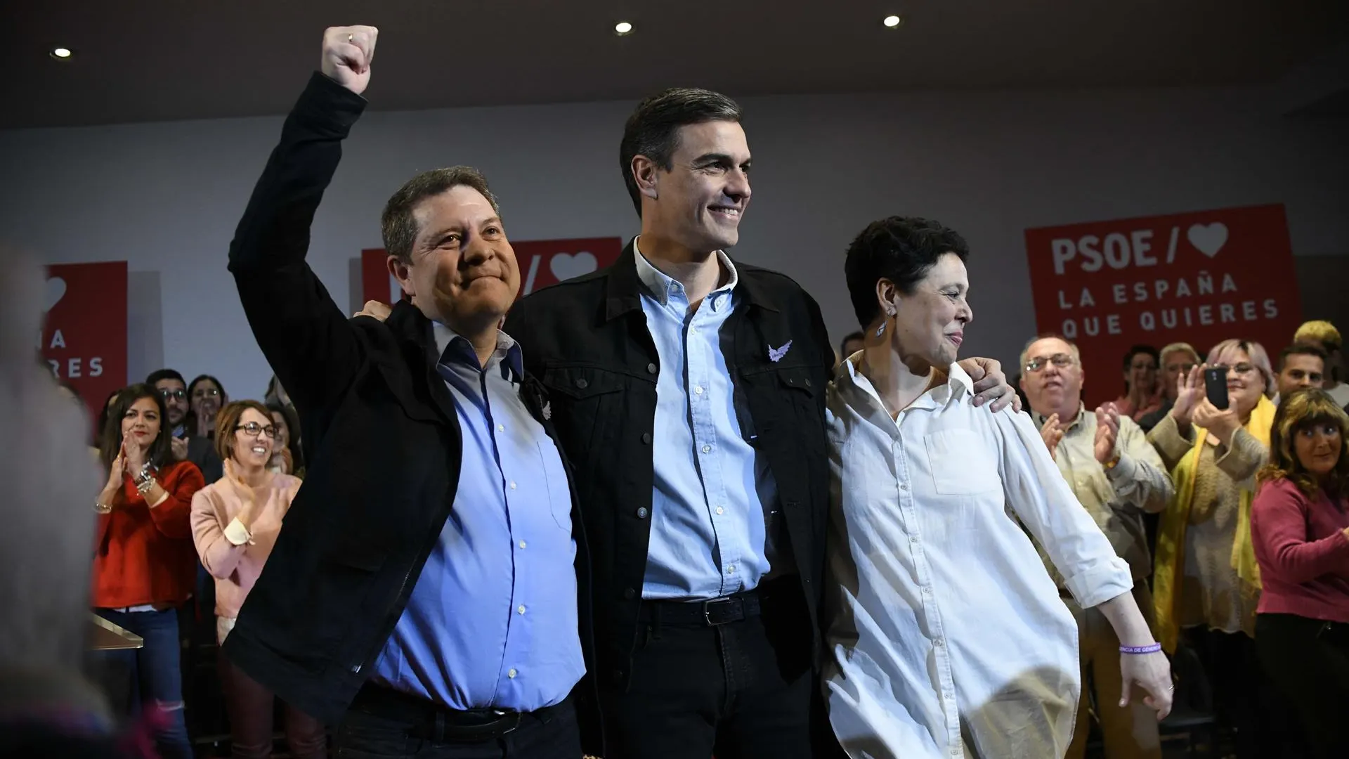 García-Page, Sánchez y Zamora durante el acto de precampaña celebrado en C.Real