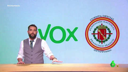Dani Mateo explica todos los vínculos entre Vox y la Fundación Francisco Franco: "Son tan de derechas que más que primos son primos de Rivera" Dani Mateo explica todos los vínculos entre Vox y la Fundación Francisco Franco: "Son tan de derechas que más que primos son primos de Rivera"