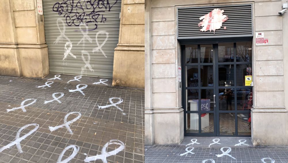 La sede del PSC e Barcelona amanece con pintadas de lazos blancos