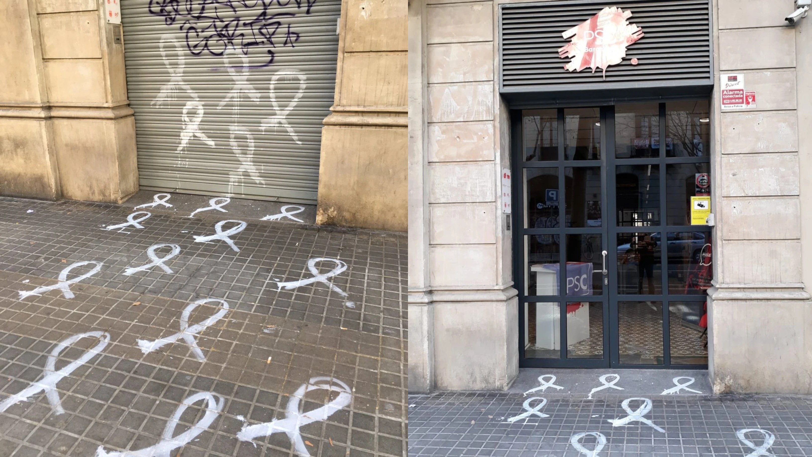 La sede del PSC e Barcelona amanece con pintadas de lazos blancos