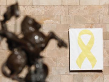 Lazo amarillo en una pared del Pati dels Tarongers, en el Palau de la Generalitat. Lazo amarillo en una pared del Pati dels Tarongers, en el Palau de la Generalitat.