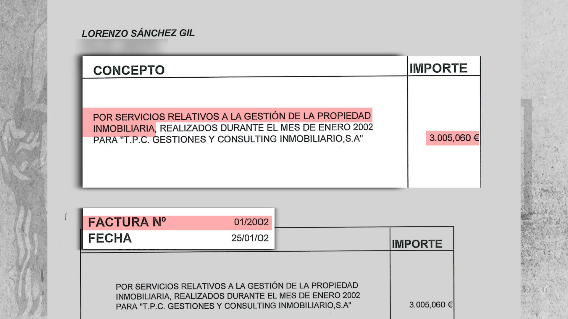 Factura que demuestra los pagos de Marjaliza a Sánchez Gil