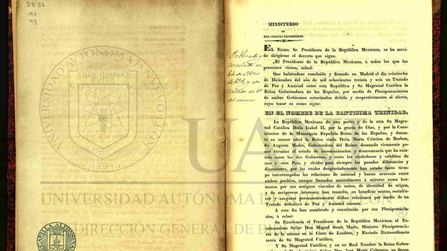 Tratado Definitivo de Paz y Amistad entre la República Mexicana y S.M.C. la Reina Gobernadora de España Tratado Definitivo de Paz y Amistad entre la República Mexicana y S.M.C. la Reina Gobernadora de España