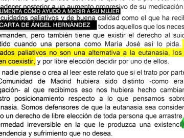 La carta del detenido por ayudar a morir a su mujer: "Los cuidados paliativos no son una alternativa a la eutanasia" La carta del detenido por ayudar a morir a su mujer: "Los cuidados paliativos no son una alternativa a la eutanasia"