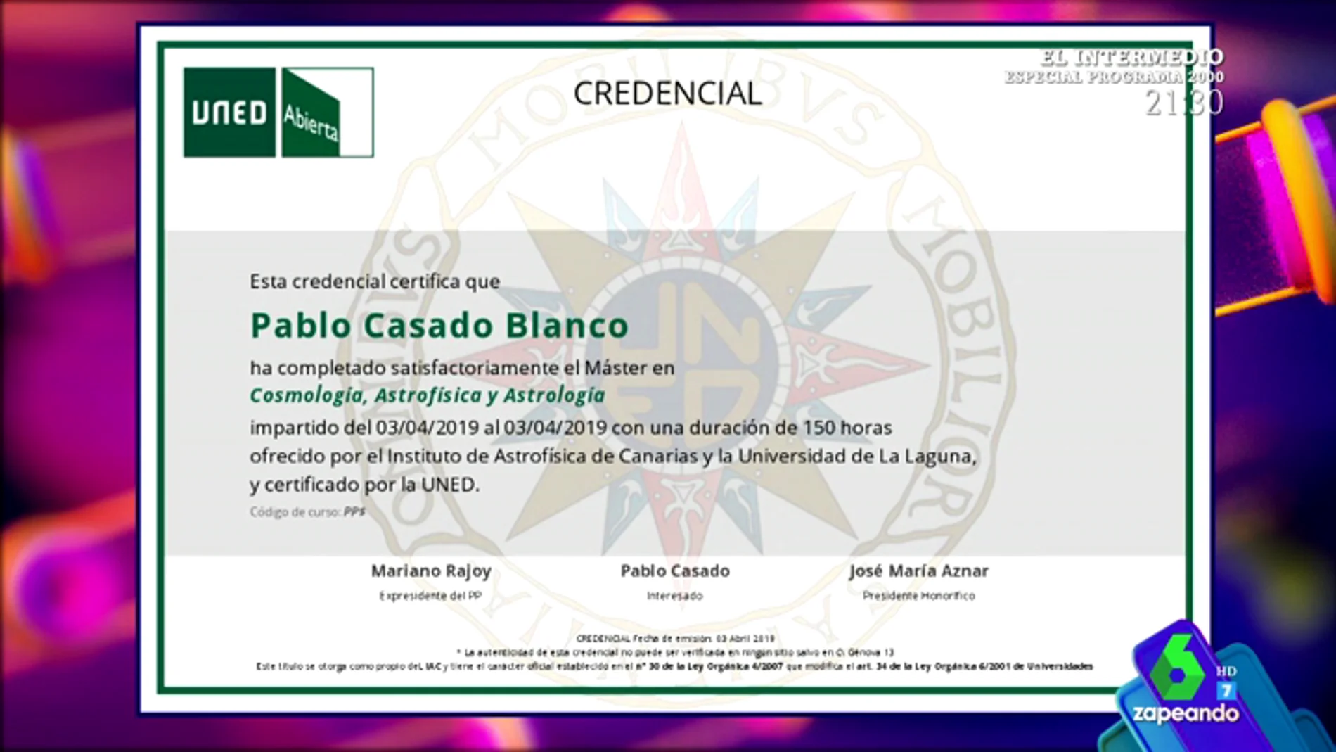 Zapeando consigue el diploma que demostraría la validez del máster de Cosmología de Pablo Casado