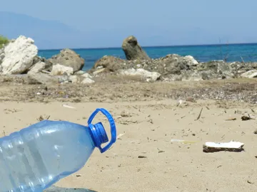 Una botella de plástico junto con otros residuos en una playa Una botella de plástico junto con otros residuos en una playa