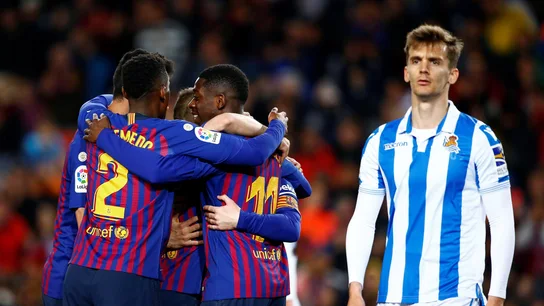 Los jugadores del Barcelona celebran un gol ante la Real Sociedad Los jugadores del Barcelona celebran un gol ante la Real Sociedad