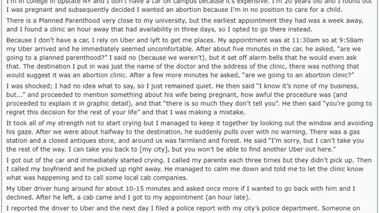 Obligada a salir de un Uber por dirigirse a una clínica para abortar Obligada a salir de un Uber por dirigirse a una clínica para abortar