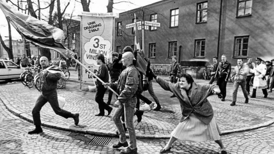 El momento en el que Danuta Danielsson golpea en la cabeza a un manifestante neonazi El momento en el que Danuta Danielsson golpea en la cabeza a un manifestante neonazi