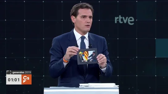 Rivera tira de escenografía: tarjeta sanitaria con la bandera de España y fotos de Torra y Rato para atacar a Sánchez y Casado Rivera tira de escenografía: tarjeta sanitaria con la bandera de España y fotos de Torra y Rato para atacar a Sánchez y Casado