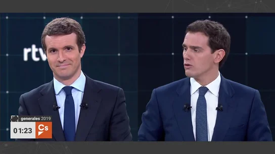 Debate electoral TVE | Pablo Casado confirma su acercamiento a la formación que lidera Albert Rivera: "Usted no es mi adversario, sinceramente" Debate electoral TVE | Pablo Casado confirma su acercamiento a la formación que lidera Albert Rivera: "Usted no es mi adversario, sinceramente"