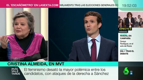 Cristina Almeida responde a Pablo Casado: "La violencia de género se sufre por ser mujer, no por ser pobre" Cristina Almeida responde a Pablo Casado: "La violencia de género se sufre por ser mujer, no por ser pobre"