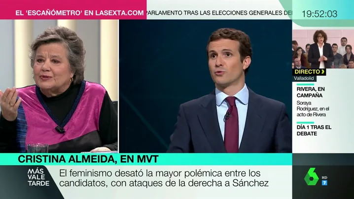 Cristina Almeida responde a Pablo Casado: "La violencia de género se sufre por ser mujer, no por ser pobre"