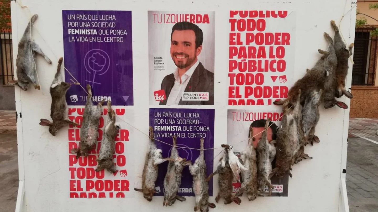 Conejos muertos sobre los carteles electorales de IU Varios conejos muertos sobre los carteles electorales de IU