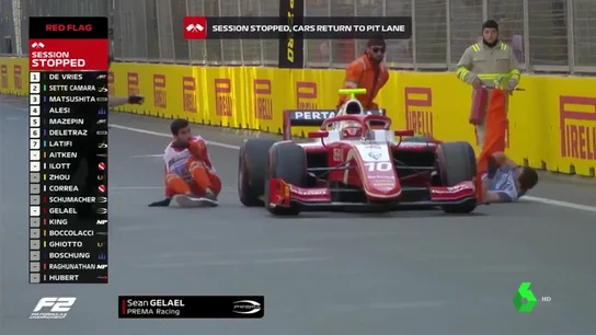 Tremendo susto en la Fórmula 2: un coche casi atropella a dos mecánicos en el GP de Azerbaiyán Tremendo susto en la Fórmula 2: un coche casi atropella a dos mecánicos en el GP de Azerbaiyán