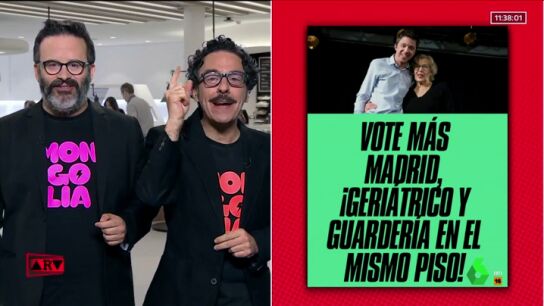 El cartel electoral que Mongolia propone a Carmena y Errej&oacute;n: "Vote M&aacute;s Madrid, &iexcl;Geri&aacute;trico y guarder&iacute;a en el mismo piso!".