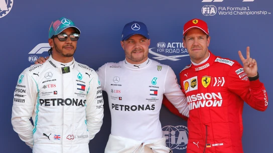 Hamilton, Bottas y Vettel, tras la clasificación del GP de España Hamilton, Bottas y Vettel, tras la clasificación del GP de España