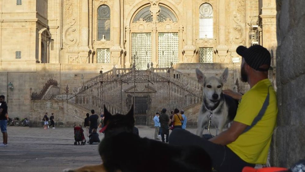 Un hombre con dos perros frente a la catedral de Santiago