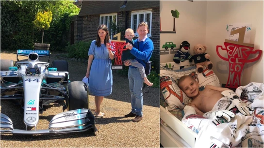 El monoplaza de Hamilton junto a Harry y sus padres en su casa en Surrey El monoplaza de Hamilton junto a Harry y sus padres en su casa en Surrey