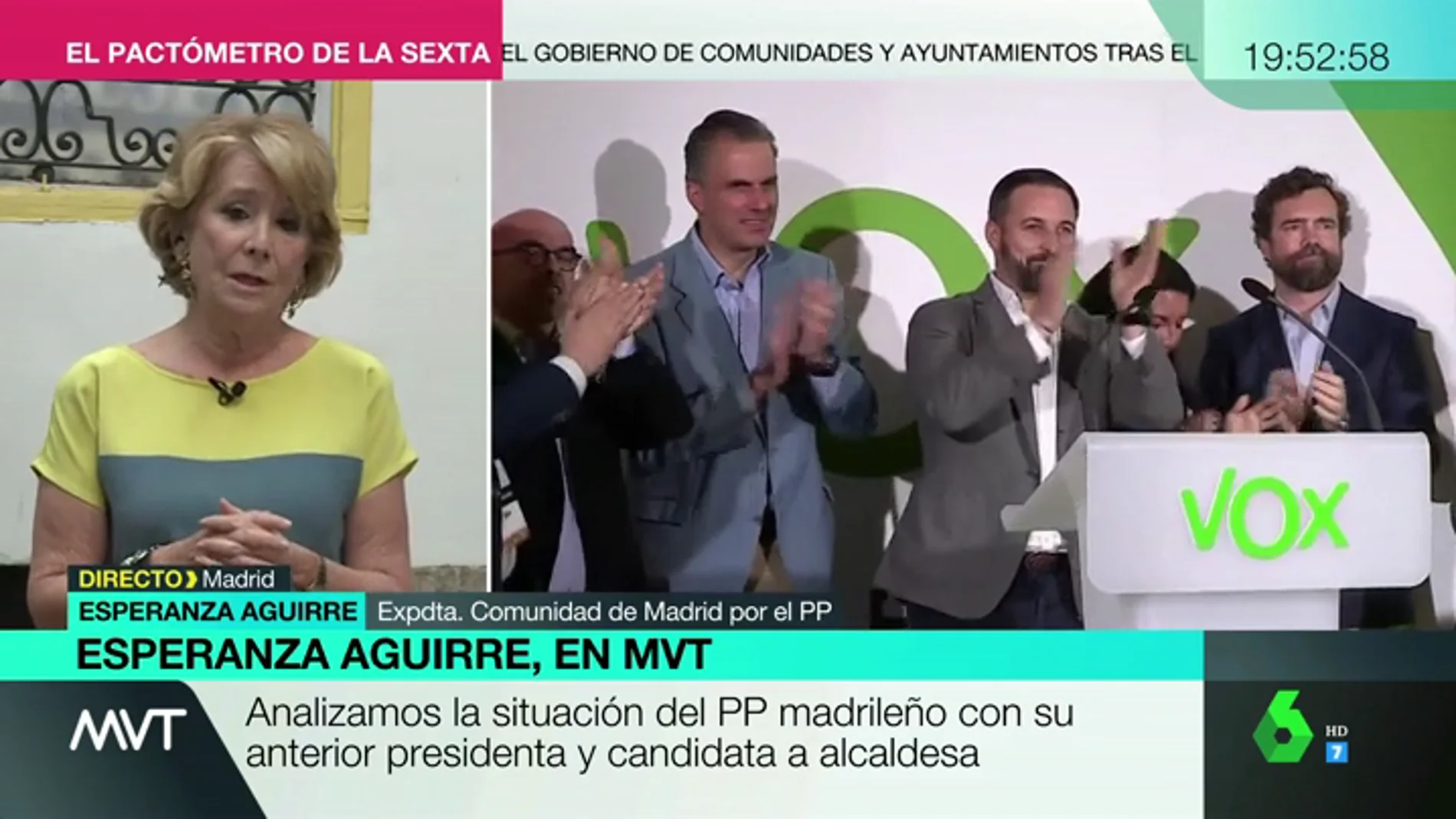 Esperanza Aguirre: "No creo que Vox sea un partido anticonstitucional, Santi Abascal se ha jugado la vida por España"