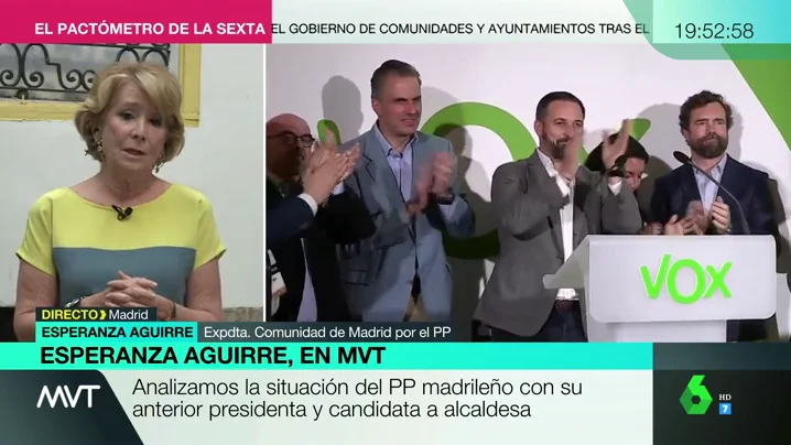 Esperanza Aguirre: "No creo que Vox sea un partido anticonstitucional, Santi Abascal se ha jugado la vida por España"