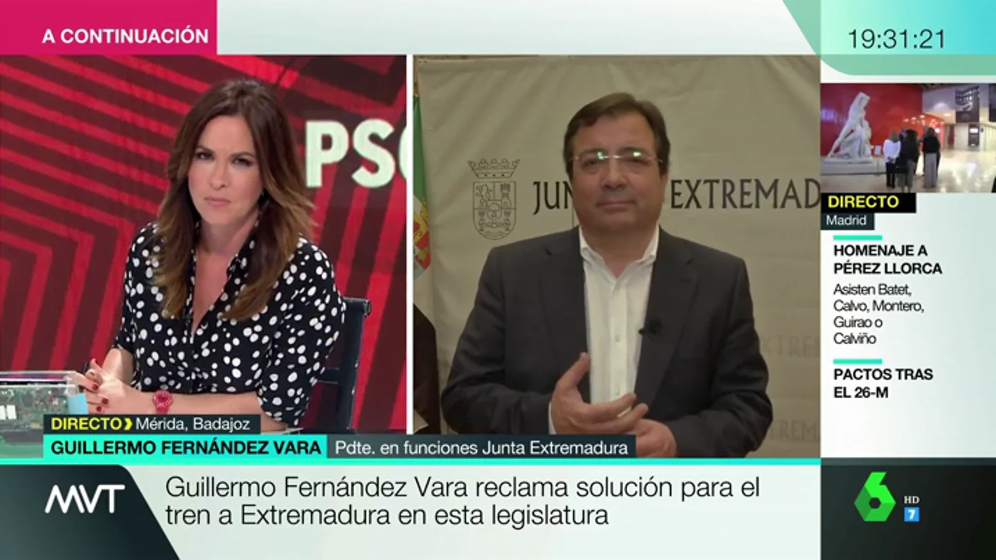 Guillermo Fernández Vara, tras ganar con mayoría absoluta en Extremadura: "El tren es una deuda que tiene contraída España" Guillermo Fernández Vara, tras ganar con mayoría absoluta en Extremadura: "El tren es una deuda que tiene contraída España"