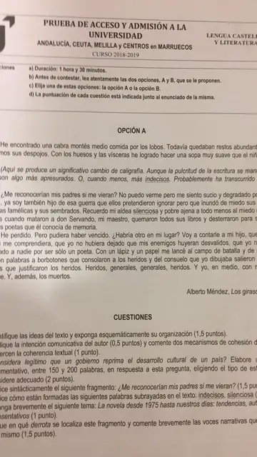 Imagen de la Opción A en el examen de Literatura de la Selectividad de Andalucía 2019 Imagen de la Opción A en el examen de Literatura de la Selectividad de Andalucía 2019