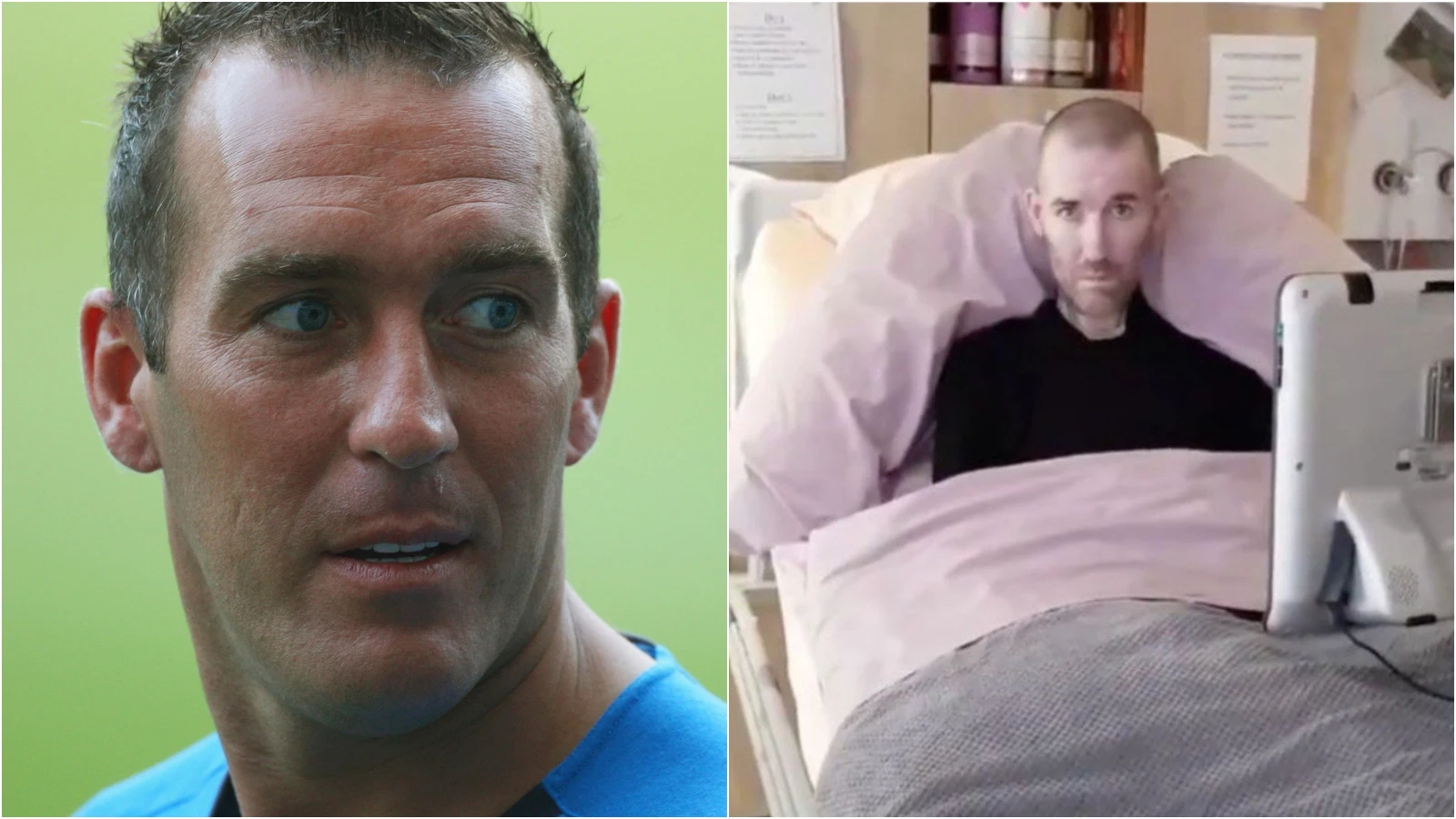 Fernando Ricksen, en su época como jugador y en la cama del hospital