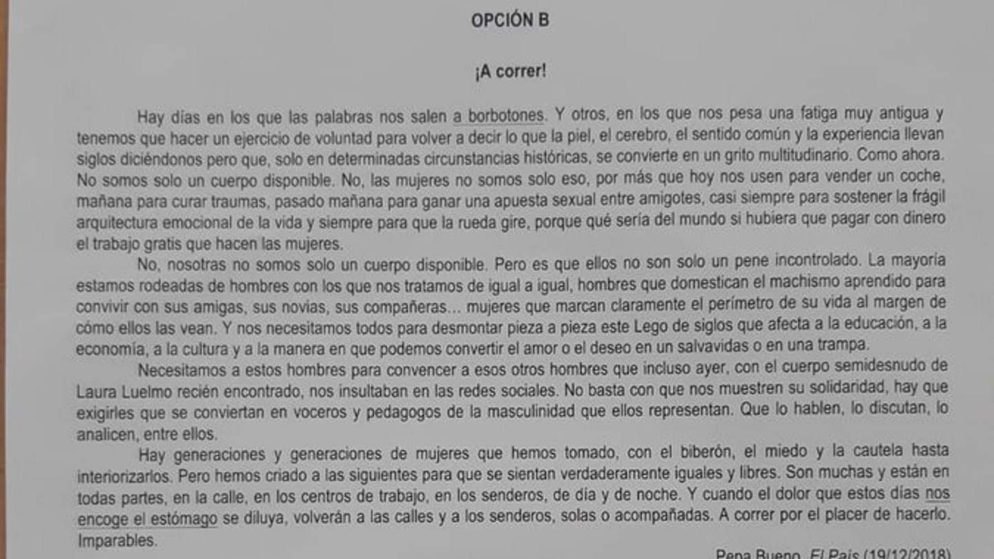 Imagen del texto de Pepa Bueno en el examen de Selectividad de Andalucía Imagen del texto de Pepa Bueno en el examen de Selectividad de Andalucía