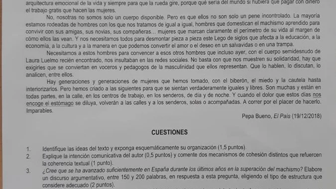 Imagen del texto de Pepa Bueno en el examen de Selectividad de Andalucía