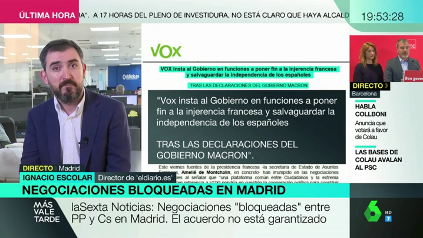 Ignacio Escolar: "¿Con qué autoridad moral Vox, fundado con dinero iraní, habla de injerencias exteriores?" Ignacio Escolar: "¿Con qué autoridad moral Vox, fundado con dinero iraní, habla de injerencias exteriores?"